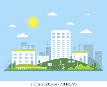 Ecosystem concept picture of urban landscape. Alternative energy solar and wind. Vector illustration