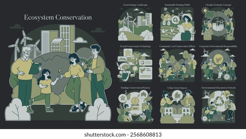 Ecosystem Conservation concept. Diverse strategies for preserving nature with technology, community action, and education. Collaborative efforts in sustainable living and circular economy. Vector