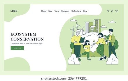 Ecosystem Conservation concept. A family engages with nature in an urban setting, promoting sustainable living. Green energy awareness, ecological balance, community action. Vector illustration.