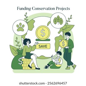 Ecosystem Conservation concept. Illustration of financial support for green initiatives and wildlife preservation. Saving funds for environmental projects. Vector illustration.