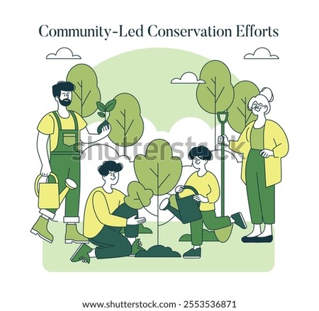 Ecosystem Conservation concept. Illustration of people participating in tree planting and care for nature. Community involvement, sustainable living, and environmental activism. Vector illustration.