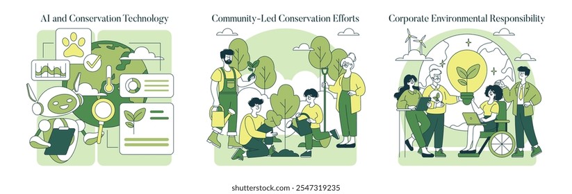 Conjunto de conservação do ecossistema. Os avanços na tecnologia de IA ajudam a vida selvagem, as comunidades locais dão o exemplo e as empresas adotam práticas ecológicas. Ilustração vetorial.