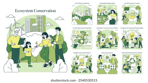 Ecosystem Conservation set. Diverse approaches to sustainability and ecosystem protection. Community, technology, and corporate responsibility themes. Vector illustration.