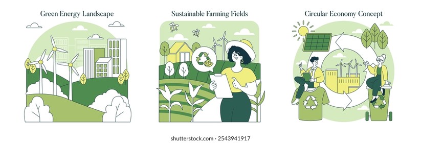 Ecosystem Conservation set. Renewable energy, green farming, and recycling themes. Illustrating sustainable living practices and environmental care. Vector illustration.