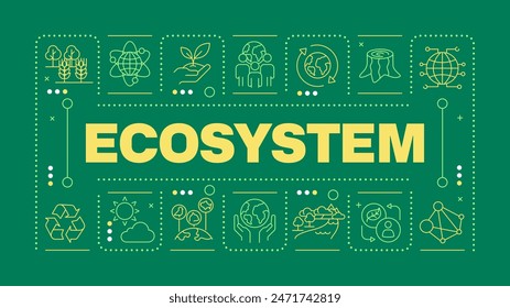 Concepto de palabra verde oscuro de ecosistema. Sistema ecológico de organismos vivos. Protección de Naturaleza. Imagen Horizontal del Vector. Texto de título rodeado de iconos de esquema editables