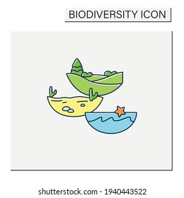 Ecosystem diversity color icon.Ecosystems variety , by their nature and number, living species interact. Desert, underwater. Biodiversity concept. Isolated vector illustration