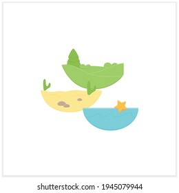 Ecosystem diversity flat icon.Ecosystems variety,by their nature and number, living species interact. Desert, underwater.Biodiversity concept.Filled flat sign. Isolated silhouette vector illustration