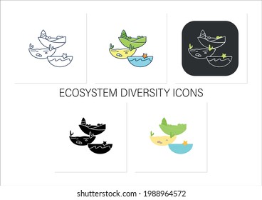 Ecosystem diversity icons set.Ecosystems variety,by their nature and number, living species interact. Desert, underwater.Collection of icons in linear,filled,color styles.Isolated vector illustrations