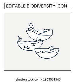 Ecosystem diversity line icon.Ecosystems variety , by their nature and number, living species interact. Desert, underwater. Biodiversity concept. Isolated vector illustration.Editable stroke