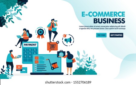 Ecosystem In E-commerce Business. Starting Choosing Product, Payment & Shipping Method. Calculator For Bagets. Flat Vector Illustration For Landing Page, Website, Banner, Mobile Apps, Flyer, Poster