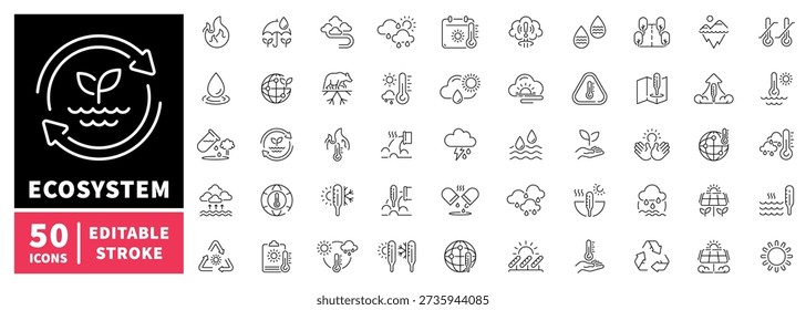 Ecosystem editable line icons set. nature, environment, and conservation symbols