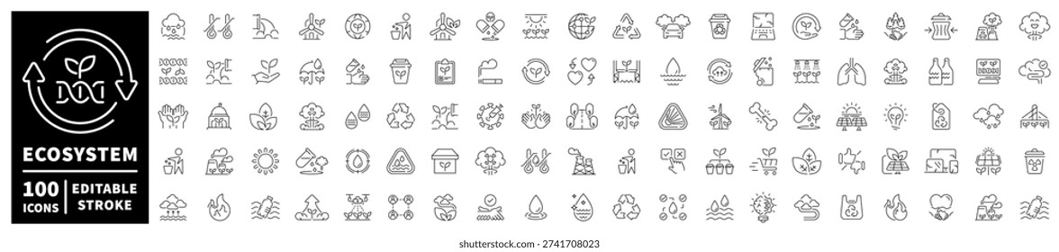 Ecosystem editable line icons set. Nature and environment symbols