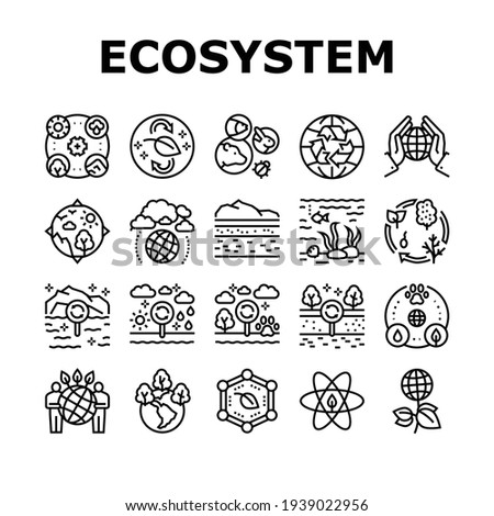 Ecosystem Environment Collection Icons Set Vector. Ecosystem And Ecology, Biodiversity And Life Cycle, Biosphere And Atmosphere Black Contour Illustrations