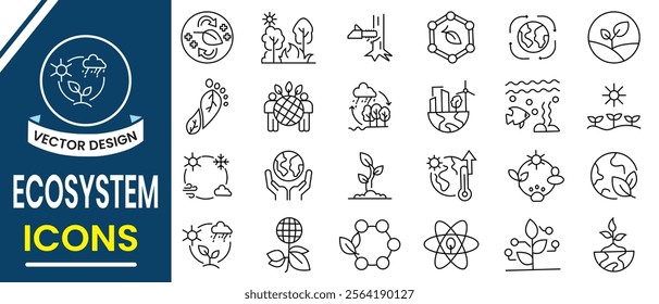 Ecosystem, Environment icon, vector collection. Ecosystem and Ecology line icon set. Biodiversity, life cycle, Biosphere and Atmosphere line icon, vector set. Vector illustration.