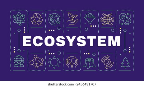 Ecosystem green word concept. Biodiversity agriculture, ecofriendly. Nature preservation. Horizontal vector image. Headline text surrounded by editable outline icons
