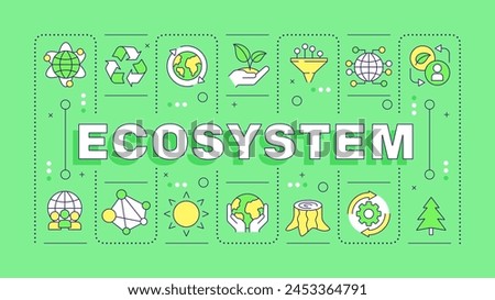 Ecosystem green word concept. Biodiversity agriculture, ecofriendly. Nature preservation. Typography banner. Vector illustration with title text, editable icons color. Hubot Sans font used