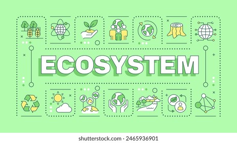 Ecosystem green word concept. Ecological system of living organisms. Nature protection. Typography banner. Vector illustration with title text, editable icons color. Hubot Sans font used