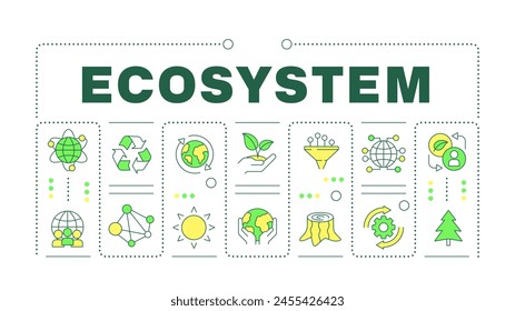 Concepto de palabra verde del ecosistema aislado en blanco. Biodiversidad y agricultura. Preservación de la Naturaleza. Anuncio de ilustración creativa rodeado de iconos de colores de línea editables. Hubot Sans fuente utilizada