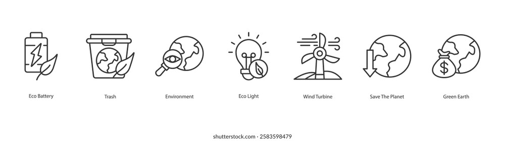 Ecosystem Icon Sheet Eco Battery, Trash, Environment, Eco Light, Wind Turbine, Save The Planet, Green Earth