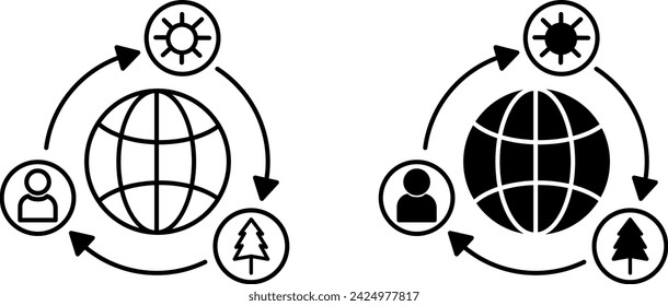 Iconos del ecosistema. Iconos vectoriales en blanco y negro. Planeta e interacción del hombre, el sol y la naturaleza. Concepto de protección del medio ambiente