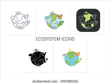 Ecosystem icons set. Living community of organisms. Consist of different zones like tundra, grassland, underwater etc.Collection of icons in linear, filled, color styles.Isolated vector illustrations