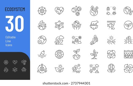 Ecosystem Line Editable Icons set. Vector illustration in modern thin style of environment related icons: ecology, earth, climate, and more. Isolated on transparent background.