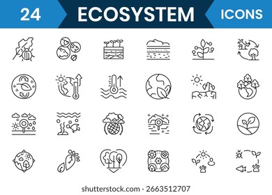 Conjunto de vetores de ícones de linha de ecossistema. Conjunto de coleta de ícone linear ecologia, futuro sustentável, reciclagem, energia verde, natureza e mais ícone relacionado ao ambiente. Ilustração vetorial.