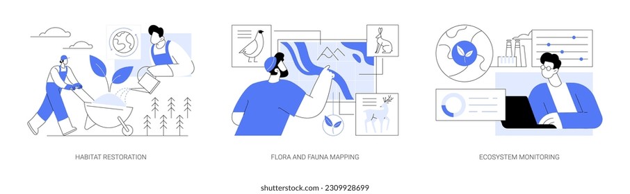 Ecosystem remediation abstract concept vector illustration set. Habitat restoration, flora and fauna mapping, ecosystem monitoring, ecology contamination, environmental problem abstract metaphor.