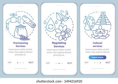 Ecosystem services blue onboarding mobile app page screen with linear concepts. Supporting and cultural service walkthrough steps graphic instructions. UX, UI, GUI vector template with illustrations