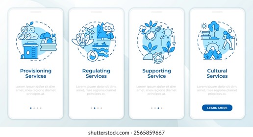 Ecosystem services blue onboarding mobile app screen. Walkthrough 4 steps editable graphic instructions with linear concepts. UI, UX, GUI template