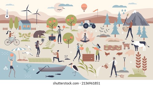 Servicios ecosistémicos y actividades ambientales conjunto de recolección de pequeñas personas. Escena con varias vistas de relajación de naturaleza ilustración vectorial. Proceso al aire libre con camping, deporte y paisaje agrícola.