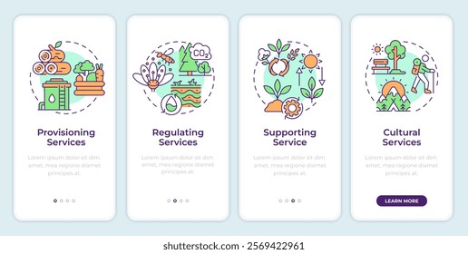 Ecosystem services onboarding mobile app screen. Walkthrough 4 steps editable graphic instructions with linear concepts. UI, UX, GUI template