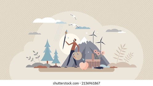 Ecosystem services relaxation and outdoor activities in green nature tiny person concept. Environmental ecological hobby in fresh air with sustainable surrounding environment vector illustration.