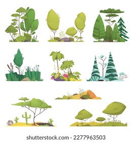 Ecosystem types cartoon icons set with different trees and flora systems isolated vector illustration