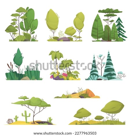Ecosystem types cartoon icons set with different trees and flora systems isolated vector illustration