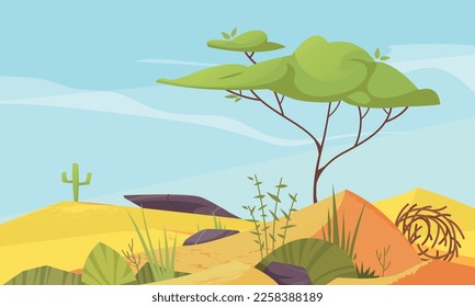 Ecosystem types cartoon poster with hot dessert with lonely tree vector illustration