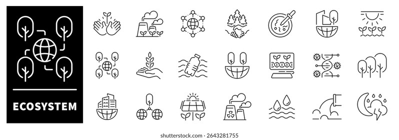 Ecosystem vector icons. Thin line icons related to ecosystem and environment. Ecosystem vector icons in line style