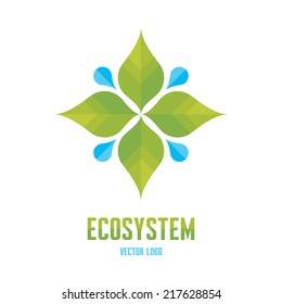 Ecosystem - vector logo template concept Illustration.  Abstract nature sign. Green leaves and water drops. Organic product ecology symbol. Design element. 