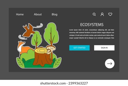 Ecosystem web banner or landing page dark or night mode. Wildlife and environment, flora and fauna. Earth climate awareness and habitat saving. Flat vector illustration