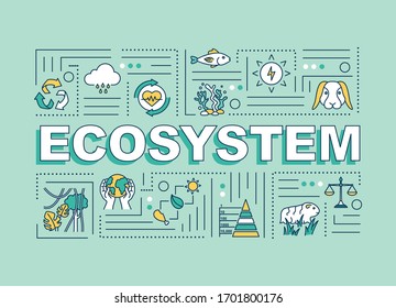 Ecosystem word concepts banner. Biodiversity, living organisms community. Infographics with linear icons on turquoise background. Isolated typography. Vector outline RGB color illustration