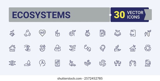 Ecosystems lined icons set. Featuring water, organic, technology, industry, warming, recycle and more. Collection for mobile and web apps. Editable stroke.