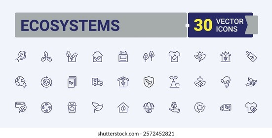 Ecosystems lined icons set. Featuring water, organic, technology, industry, warming, recycle and more. Collection for mobile and web apps. Editable stroke.