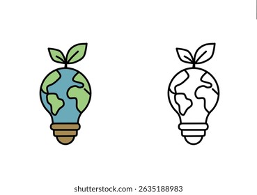 Eco-themed light bulb shaped like Earth with a leaf. Includes color and outline versions.
