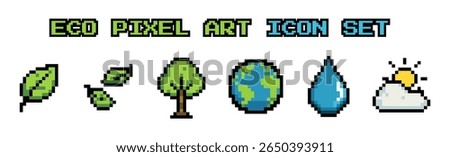 Eco-themed pixel art icon set featuring leaf, floating leaves, Earth, tree, sun with cloud, and water drop. Ideal for nature, sustainability, and climate-related designs.