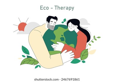 Eco-Therapy concept. A man and woman embracing an earth figure, symbolizing a connection with nature. Healing through environmental care. Vector illustration.