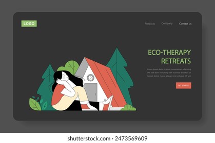 Eco-Therapy Retreat concept. Wellness through nature as woman relaxes by tent in the serene outdoors. Mental health, sustainable tourism, peaceful escape. Vector illustration.