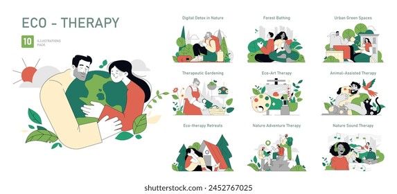 Eco-Therapy set. Healing interactions with nature and animals. Digital detox, forest bathing, gardening, and urban green spaces illustration. Vector illustration.