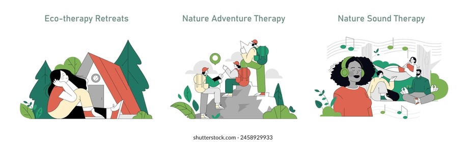 Öko-Therapie-Set. Illustration von Menschen, die sich mit der Natur für das Wohlbefinden beschäftigen: Camping, Wandern und Klangtherapie. Vektorillustration.