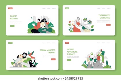 Eco-Therapy set. Illustration of people engaging with nature for wellbeing: camping, hiking, and sound therapy. Vector illustration.