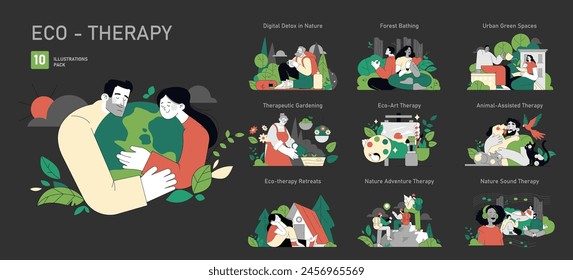 Eco-Therapy set. Illustrations showcasing nature's healing touch with various wellness activities. Therapeutic gardening, art, and animal interaction. Vector illustration.